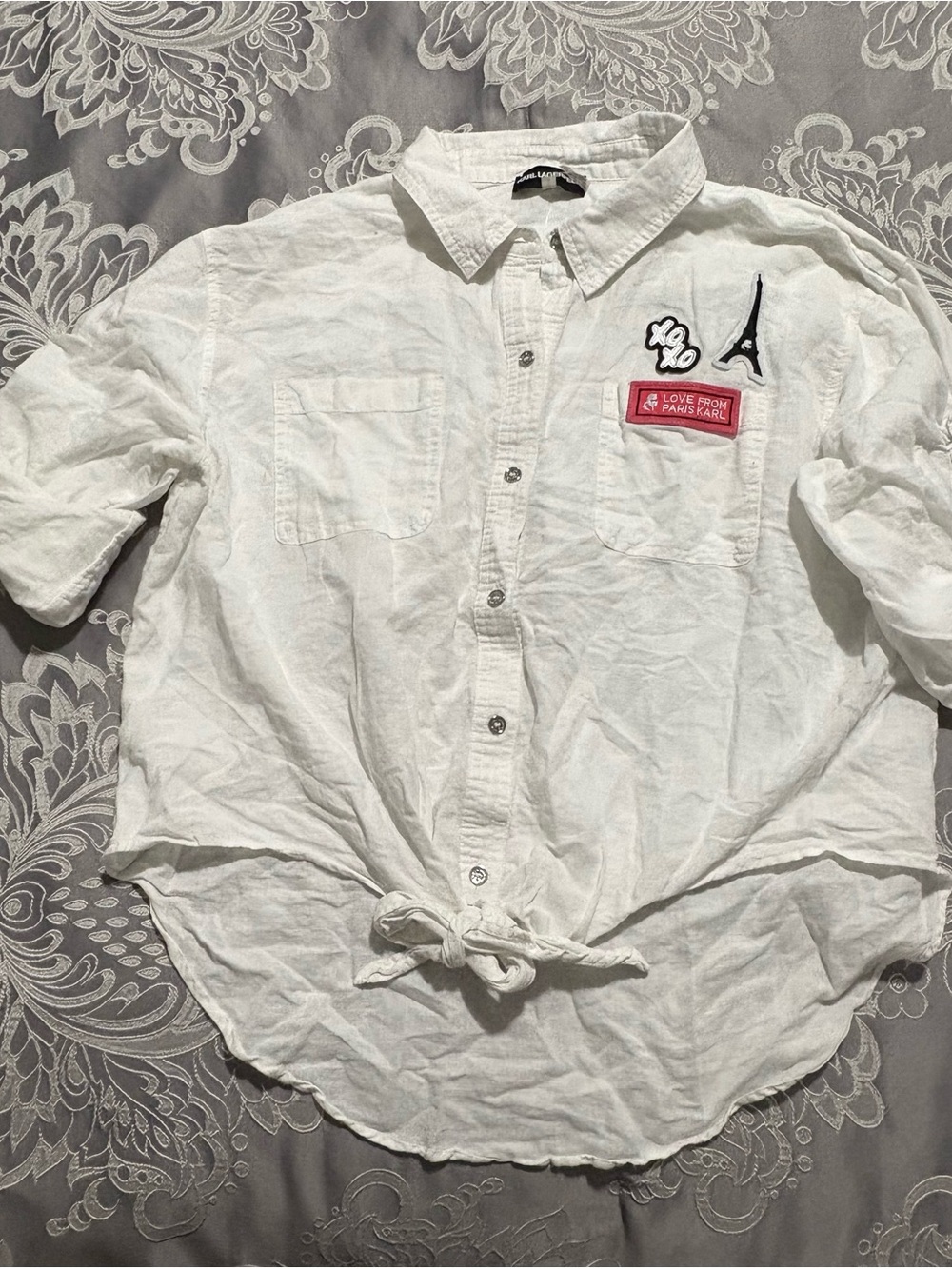 KARL LAGERFELD WOMEN’S SZ L/G TOWER LOGO WHITE FASHION SHIRT BLOUSE